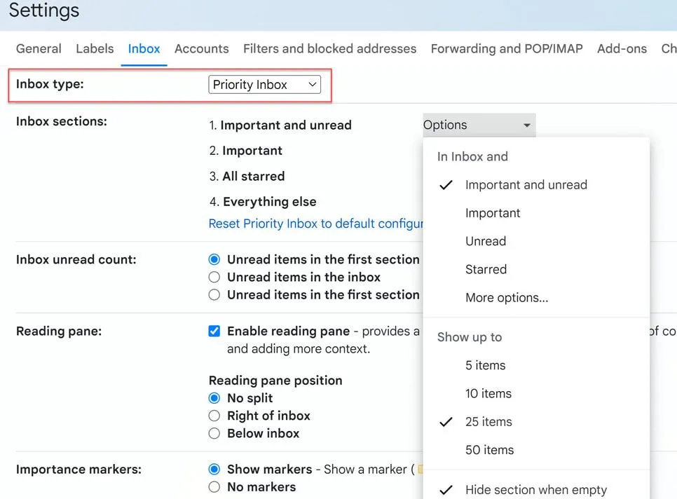 Gmail settings with the inbox type set to Priority Inbox and four inbox sections