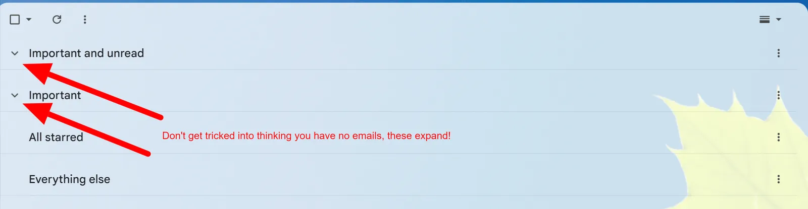 The four Priority Inbox sections, collapsed, with a note that they expand when emails arrive