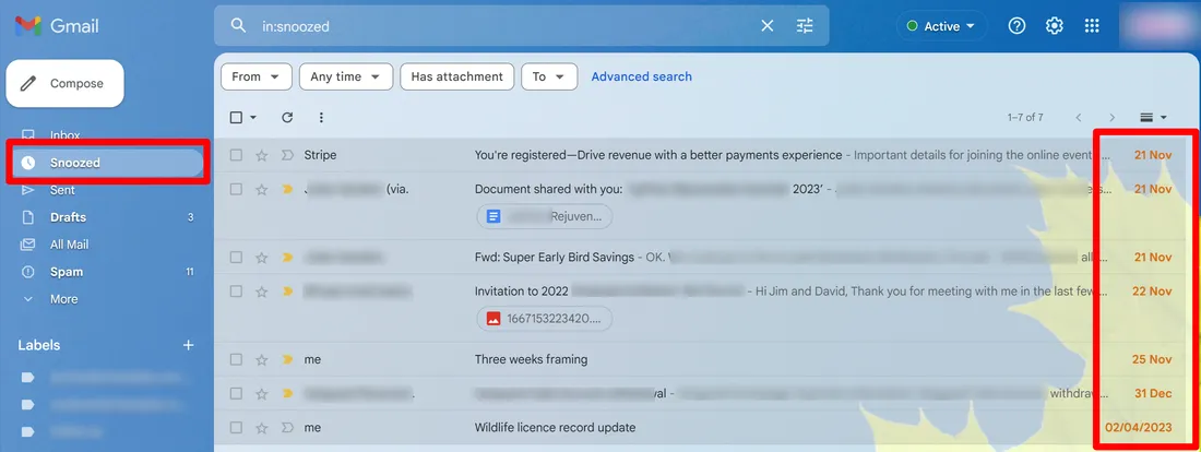 The Gmail Snoozed folder, with each email set to return on a specific date