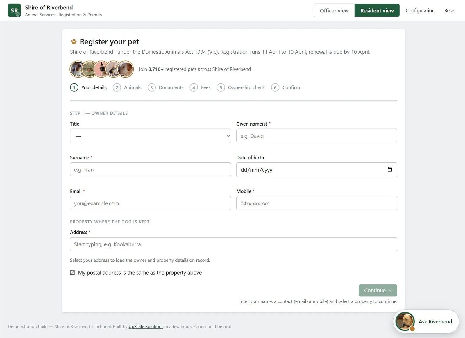 The resident application: registering a pet, with the excess-animal permit added automatically for a third dog