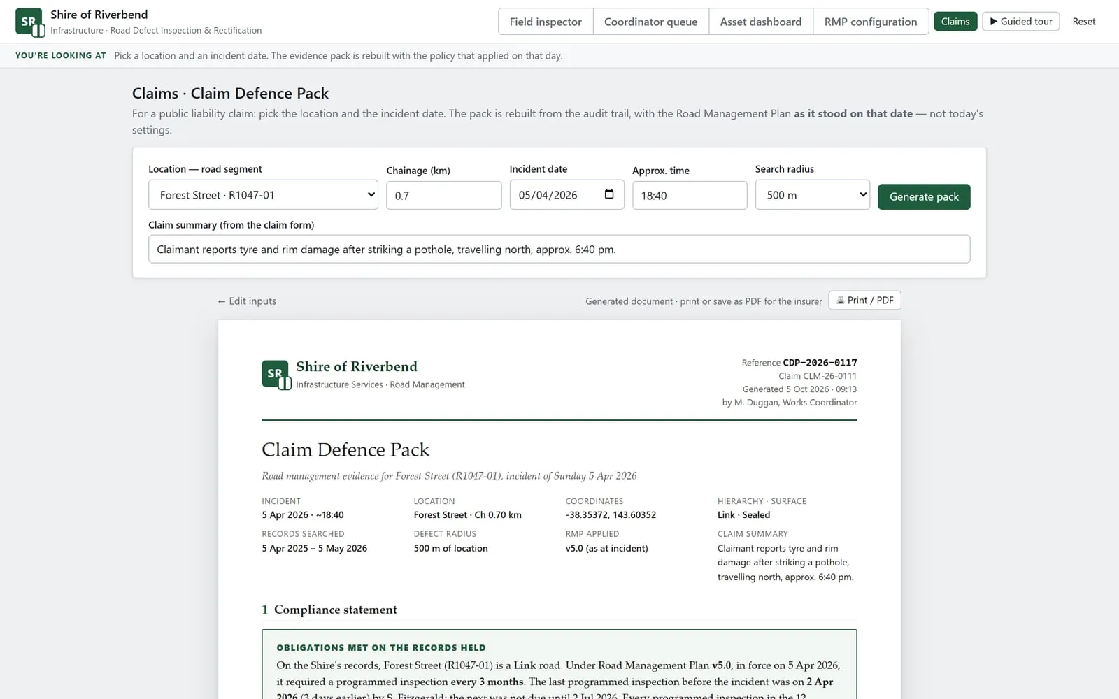A claim defence pack for Forest Street: incident details, the compliance statement and the plan version in force on the incident date