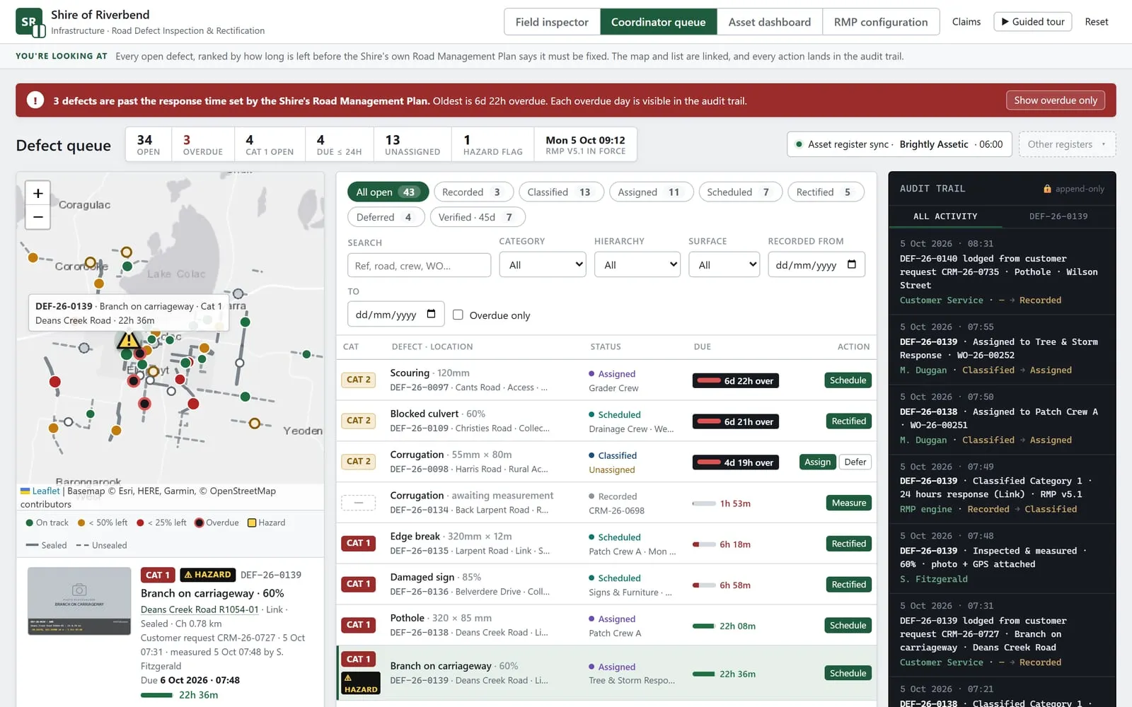 The coordinator queue: open defects on a map and in a list ranked by time left, with a defect selected and the append-only audit trail beside it